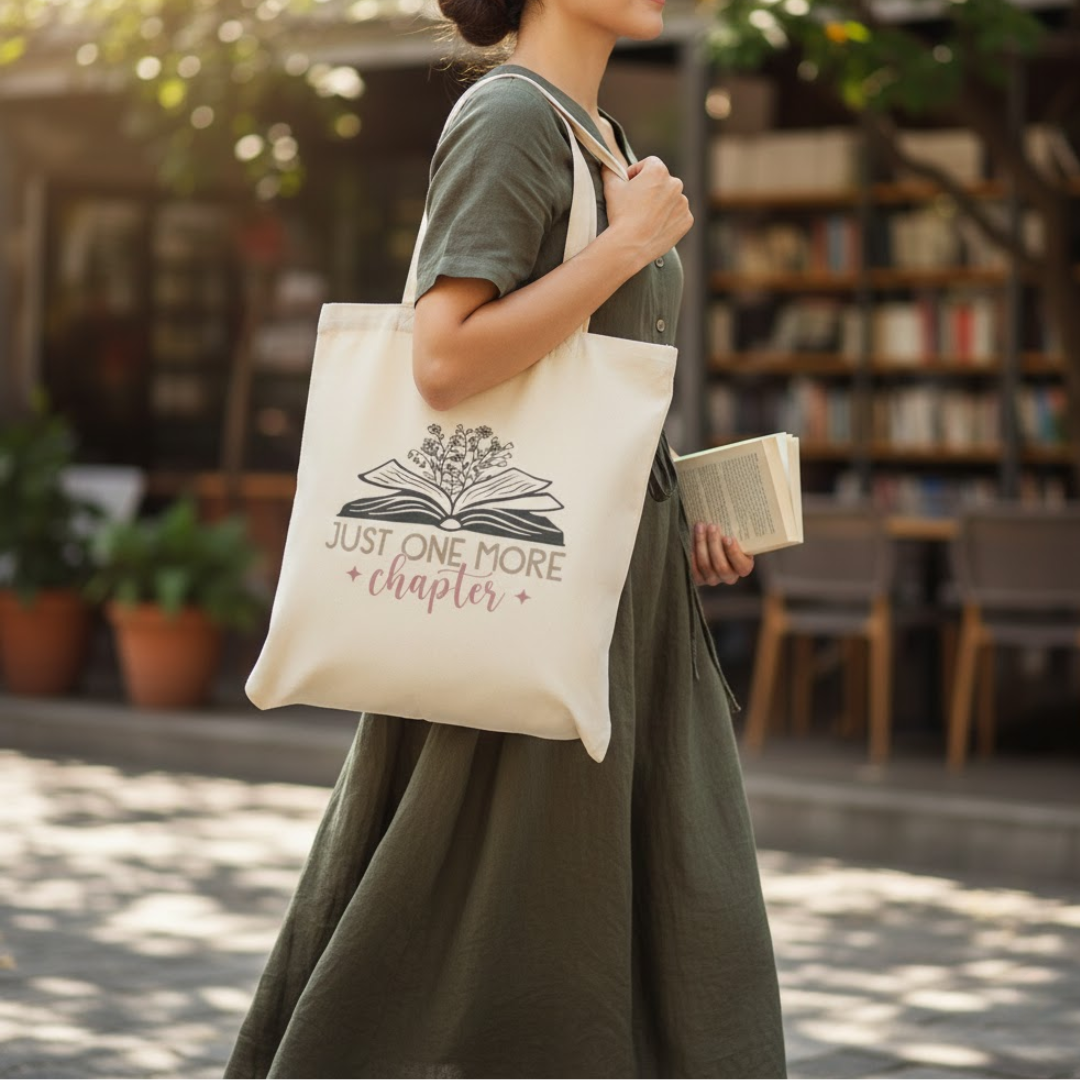 "Just One More Chapter" Canvas Tote