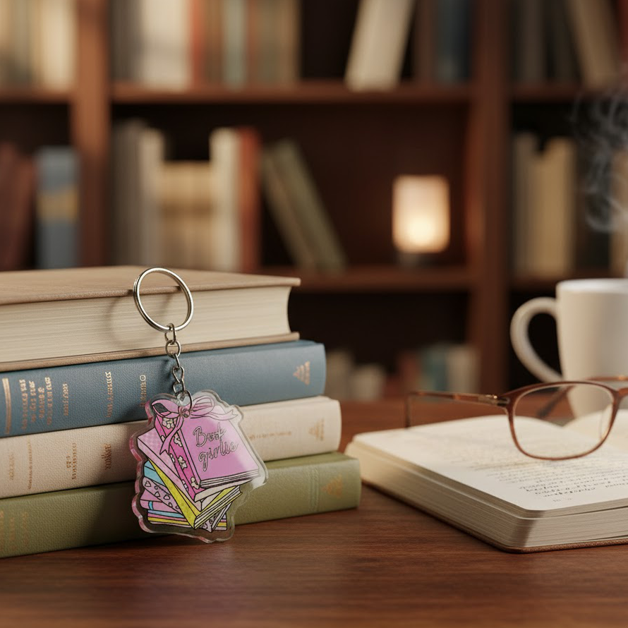 "Book Girlie" Stack of Books Acrylic Keychain