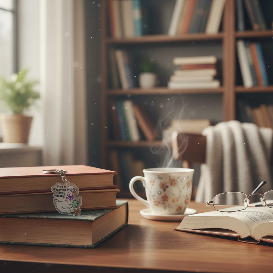 "Just a Silly Goose Busy Reading" Acrylic Keychain