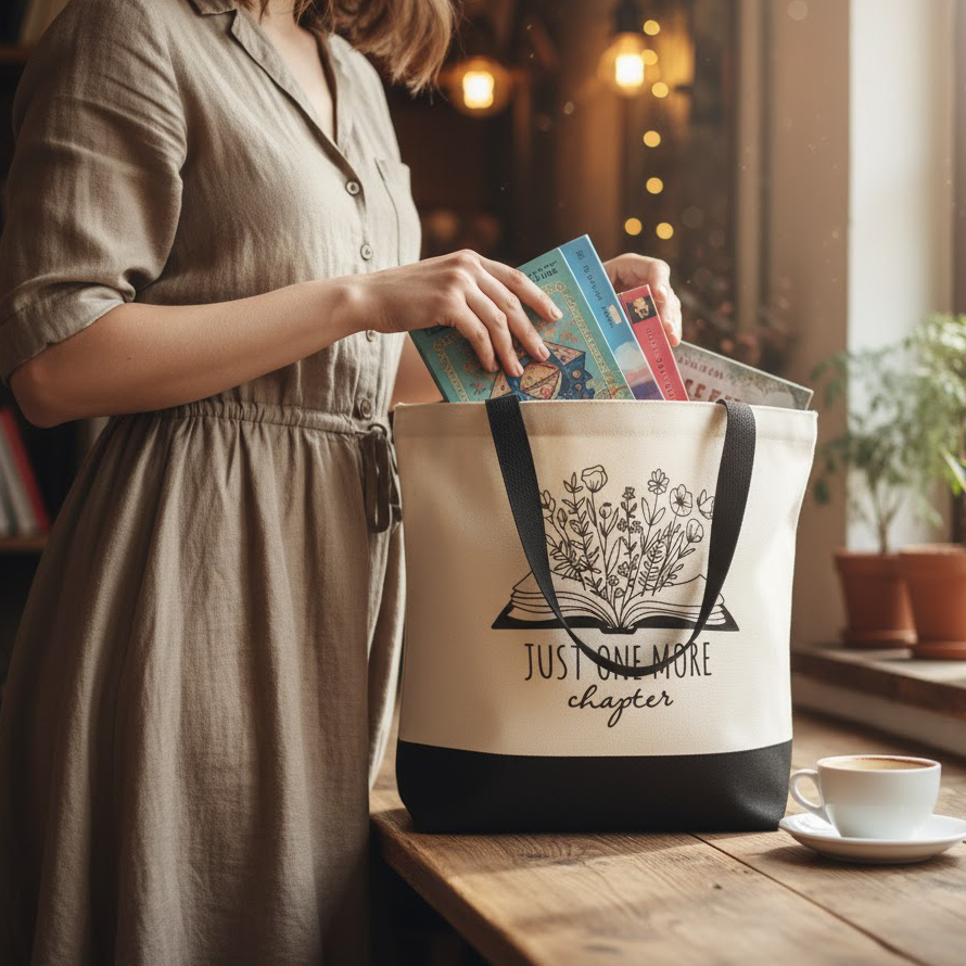 "Just One More Chapter" with Flowers - Large Canvas Tote