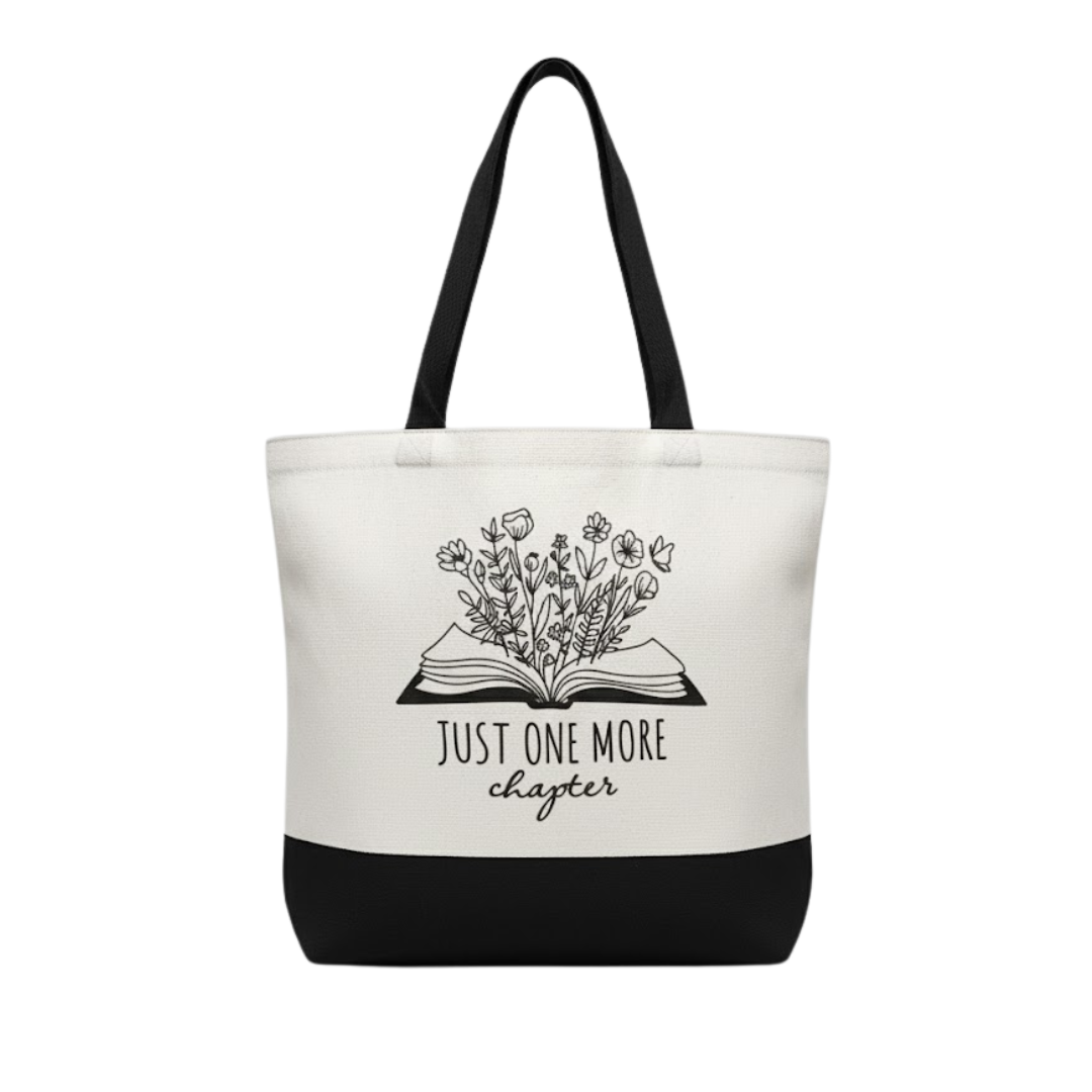 "Just One More Chapter" with Flowers - Large Canvas Tote